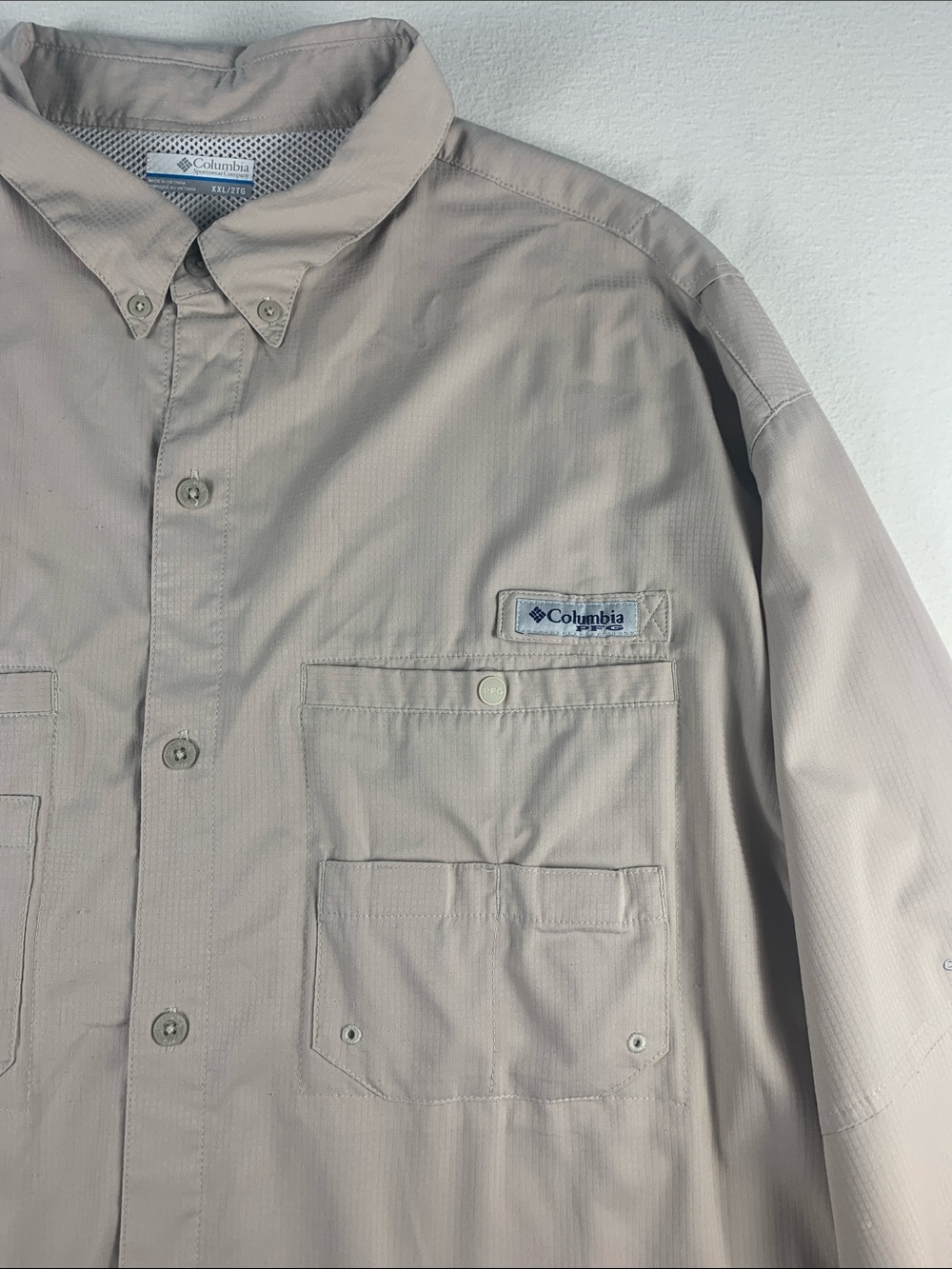 Columbia PFG Mens XXL Long Sleeve Button Down Fishing Shirt Khaki GUC Polyester